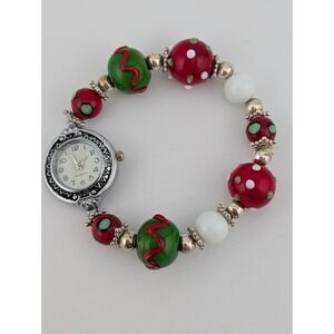 Beaded Watch Womens 24mm Case Glass Beads Green/Red/White- New Battery